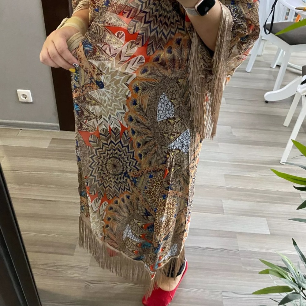 New Boho Mixed Print Kimono Cardigan Robe Jacket w/ Fringe Detail - Picture 11 of 12